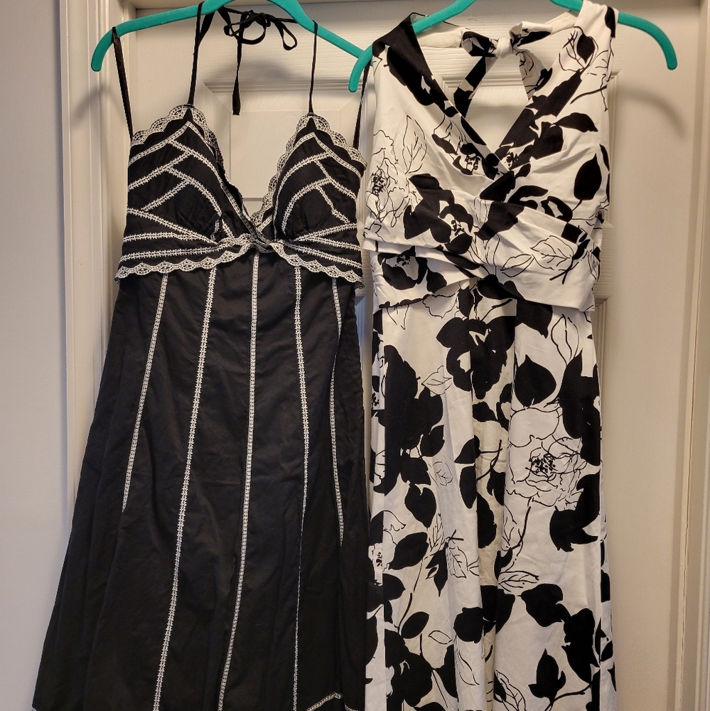 WHBM 2 Summer Dresses 1 Black w/ White Trim and 1 White Floral Dress